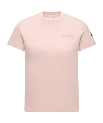 Moncler Beaded Logo Cotton T-shirt In Pink