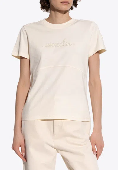 Moncler Beaded Logo Crewneck T-shirt In Cream