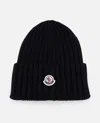 Moncler Logo Patch Cuff Virgin Wool Rib Beanie In Black