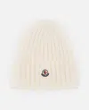Moncler Ribbed Beanie With Embroidered Logo Detail In Neutral