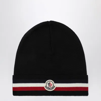 Moncler Beanie With Tricolor Band In Black