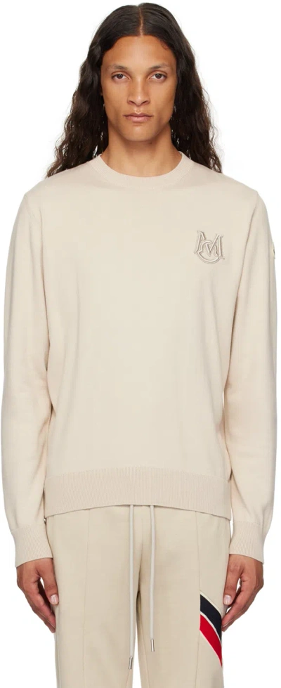 Moncler Beige Appliqué Sweater In 216 - Beige Gray