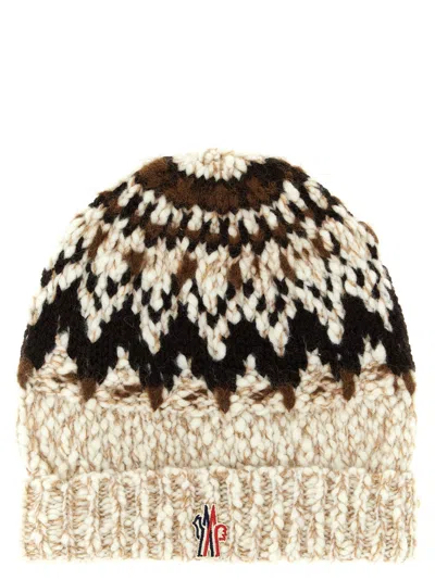 MONCLER BEIGE BROWN GEOMETRIC PATTERN BEANIE HAT