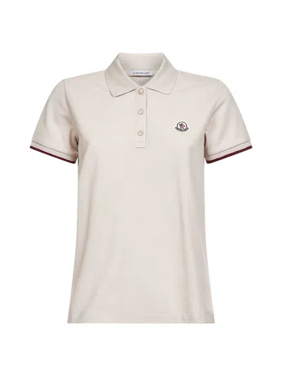 Moncler Beige Cotton Pique Logo Patch Polo Shirt In White