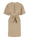 Moncler Beige Midi Dress With Logo Patch On The Sleeve And Belt In Cotton Blend Woman In Brown