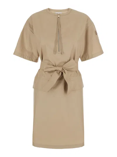 Moncler Beige Midi Dress With Logo Patch On The Sleeve And Belt In Cotton Blend Woman In Brown