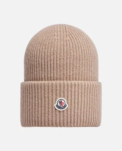 MONCLER BEIGE RIBBED TEXTURE BEANIE HAT