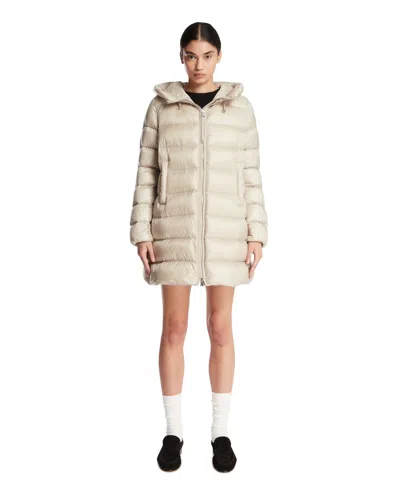 Moncler Beige Suyenne Hooded Midi Down Jacket In Beige Beige   #ddbb8c