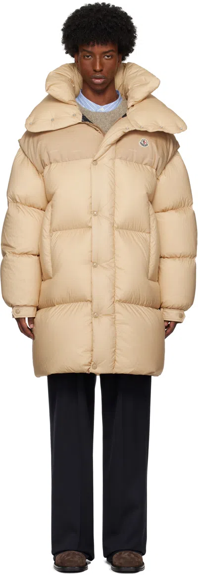 Moncler Verone Zip-up Long Down Jacket In Beige