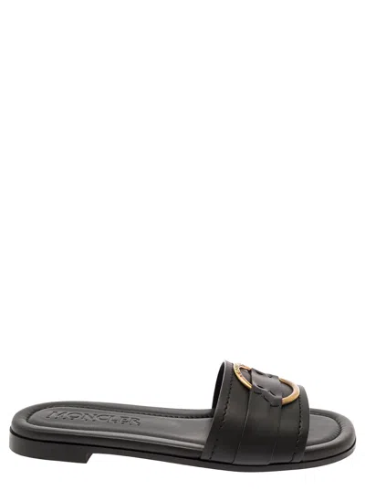 Moncler 'bell' Black Slide With Heel In Leather Woman In Multicolor