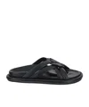 Moncler Bell Crossover-strap Leather Slides In Black