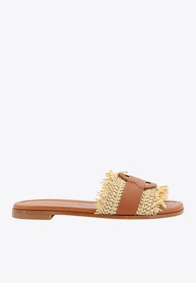 Moncler Bell Raffia And Leather Slippers In Brown