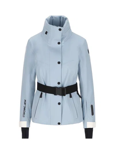 Moncler Belted Buttoned Jacket In Blue