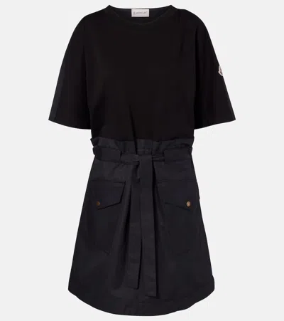 Moncler Belted Cotton-blend Jersey Minidress In Black