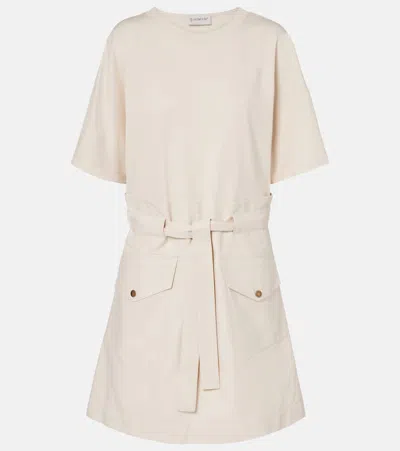 Moncler Belted Cotton-blend Jersey Minidress In Neutral