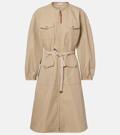 Moncler Belted Cotton-blend Poplin Midi Dress In Brown