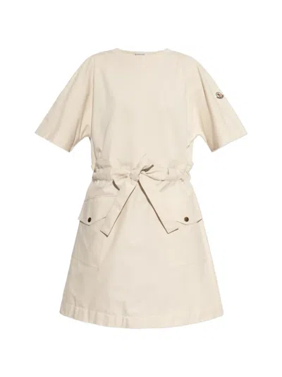 Moncler Belted Cotton Mini Dress In Neutral