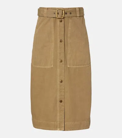 Moncler Belted Denim Midi Skirt In Brown