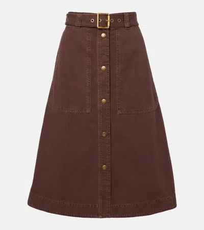 Moncler Belted Denim Midi Skirt In Brown