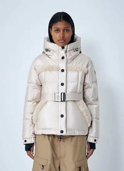 Moncler Belted Down Jacket With Faux Fur Trim In White