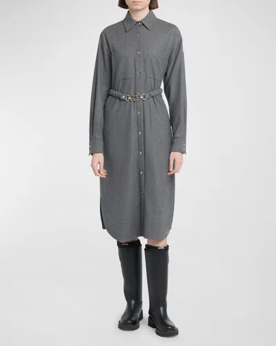 Moncler Belted Flannel Midi Shirtdress In Grey