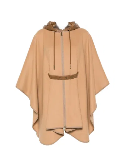Moncler Wool Polyamide Hooded Belted Cape Outerwear In Neutral