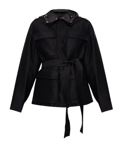 Moncler Belted Hooded Jacket In Black