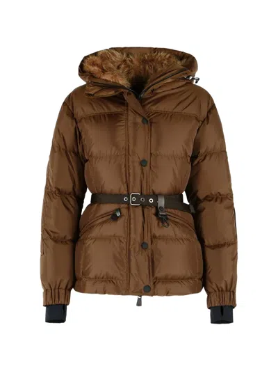 Moncler Belted Hooded Jacket In Brown