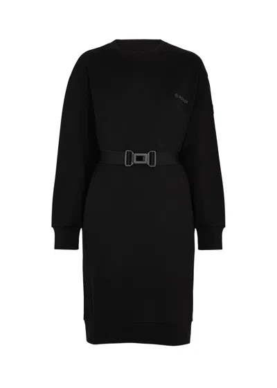 Moncler Belted Logo Cotton Jumper Dress In Black