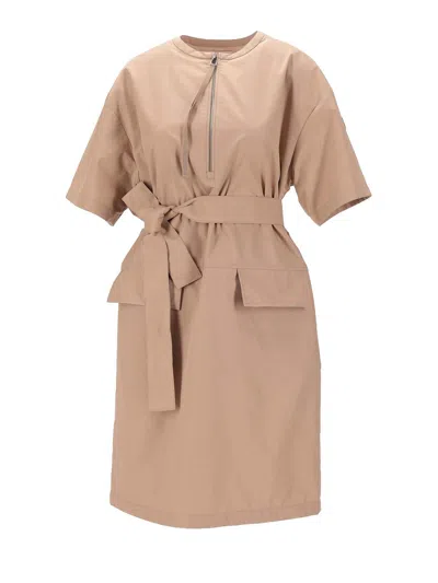 Moncler Belted Midi Dress In Sand