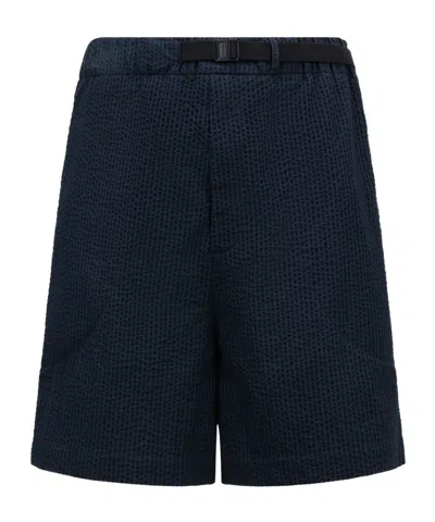 Moncler Belted Seersucker Shorts In Blue