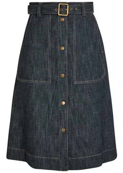 Moncler Belted Stretch-denim Midi Skirt In Blue