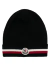 Moncler Tricolor Stripe Ribbed Wool Beanie In Black