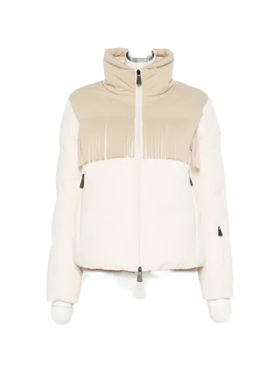 Moncler Bessin Fringe-trimmed Paneled Quilted Tech-poplin Down Ski Jacket In Neutral