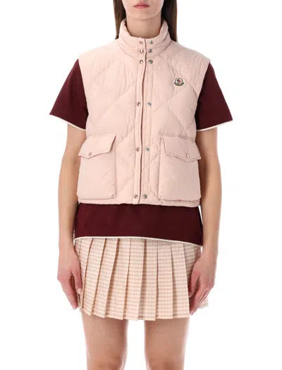 Moncler Biois Down Gilet Stand Collar Zigzag Quilted Technical Fabric In Rosa