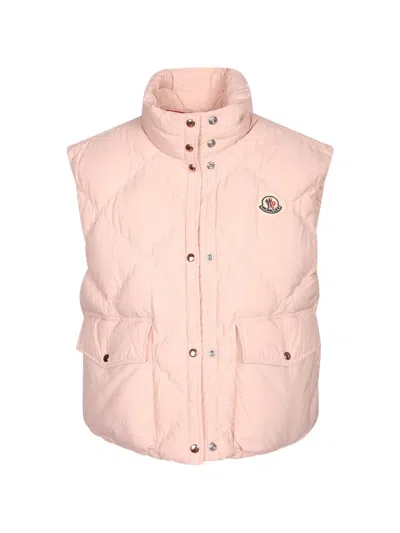 Moncler Biois High Collar Quilted Vest Pockets In Pink