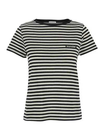 Moncler Black And White T-shirt With All-over Striped Motif And Logo Patch On The Chest In Cotton Wo In Multi