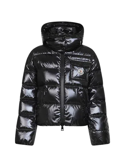 Moncler Black Andro Hooded Short Down Jacket In Blue