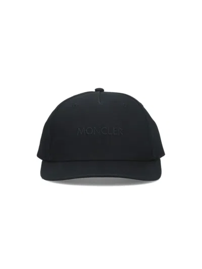 Moncler Black Baseball Cap With Tonal Logo Embroidery In Blue