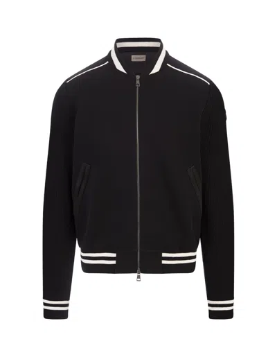Moncler Black Bomber Style Cardigan With Striped Hem