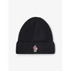 Moncler Black Branded Knitted Wool Beanie Hat In Blue