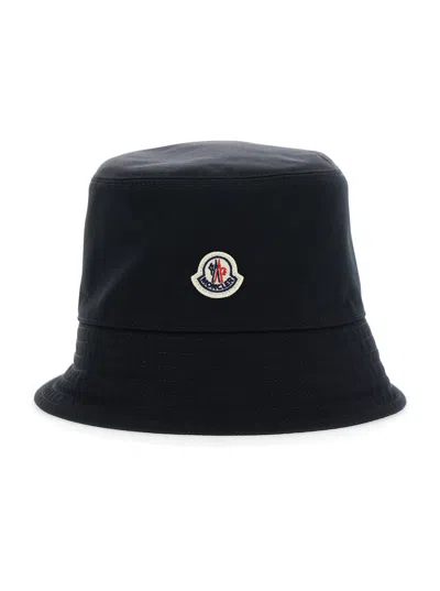 Moncler Black Bucket Hat With Dropped Wide Brim And Logo Patch On The Front In Cotton Blend Woman