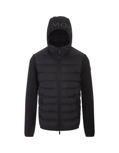 Moncler Black Cardigan With Logoed Hood In Blue