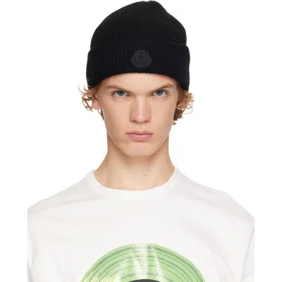 Moncler Black Cashmere Blend Logo Beanie In 999 - Black