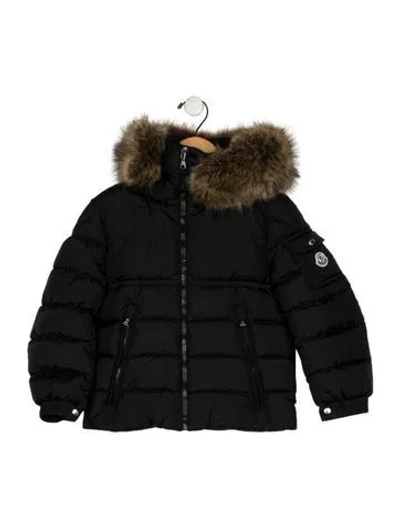 Pre-owned Moncler Babies' Black Casual Puffer Jacket With Zip Closure And Faux Fur Trim Hood
