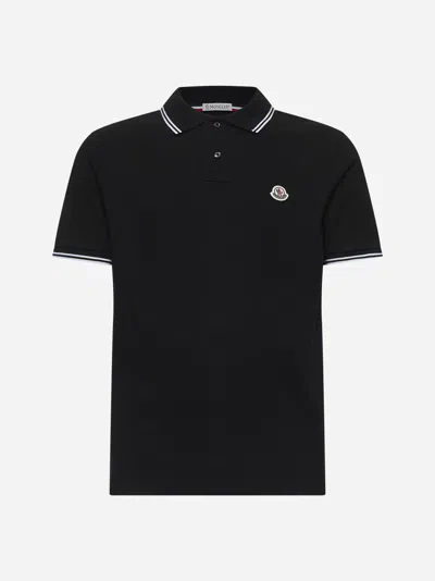 Moncler Striped Trim Cotton Piquet Polo Shirt In Black