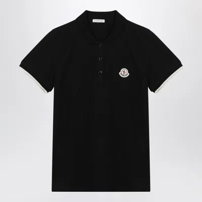 Moncler Black Cotton Piqué Polo Shirt With Embroidered Logo In Animal Print