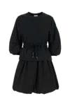 Moncler Black Dress With Elastic Waist And Logo Patch On The Sleeve In Tech Fabric Woman