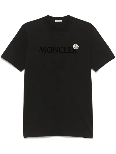 Moncler Flocked Logo Cotton T-shirt In Black