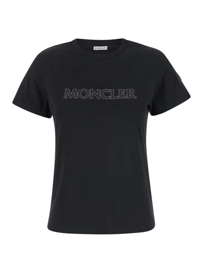 Moncler Black Crewneck T-shirt With Logo Lettering In Cotton Woman